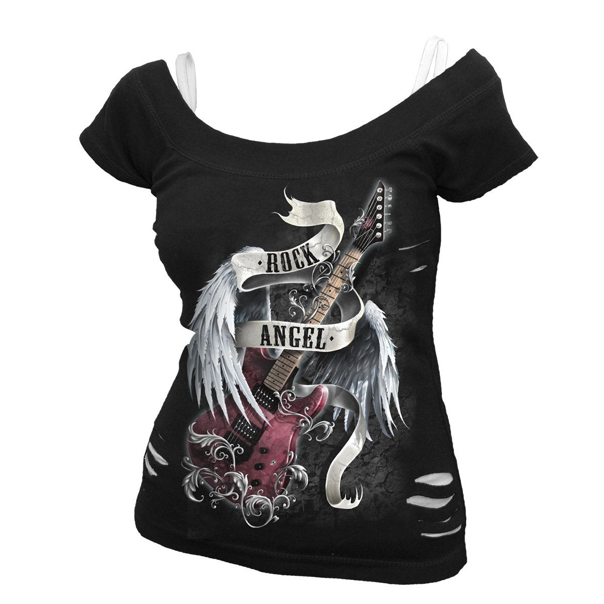 ROCK ANGEL - 2in1 White Ripped Top Black Angelwarriorfitness.com