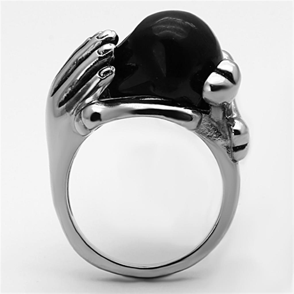 Hand holding black skull ring Stainless Steel Ring with Epoxy  in Jet Angelwarriorfitness.com