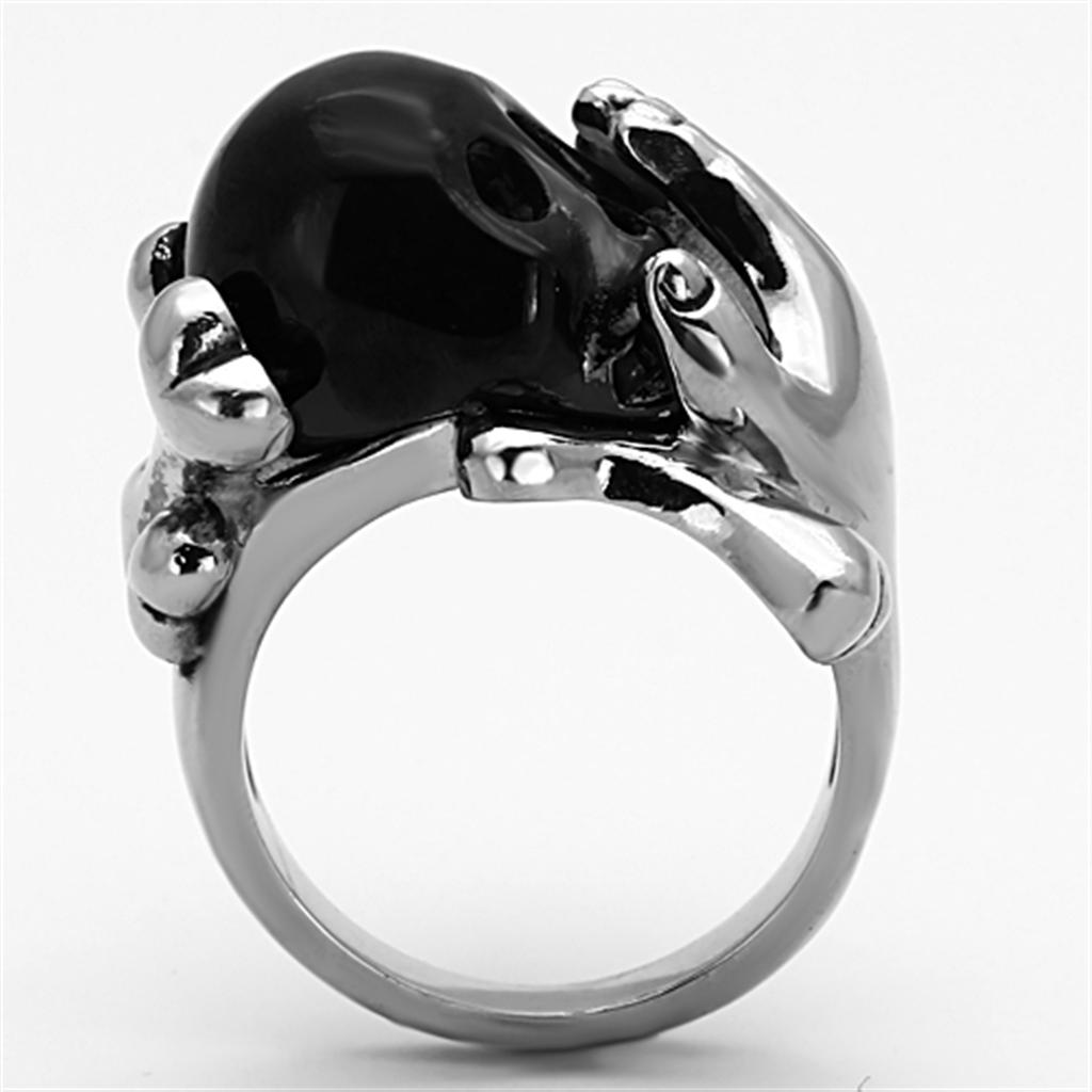 Hand holding black skull ring Stainless Steel Ring with Epoxy  in Jet Angelwarriorfitness.com