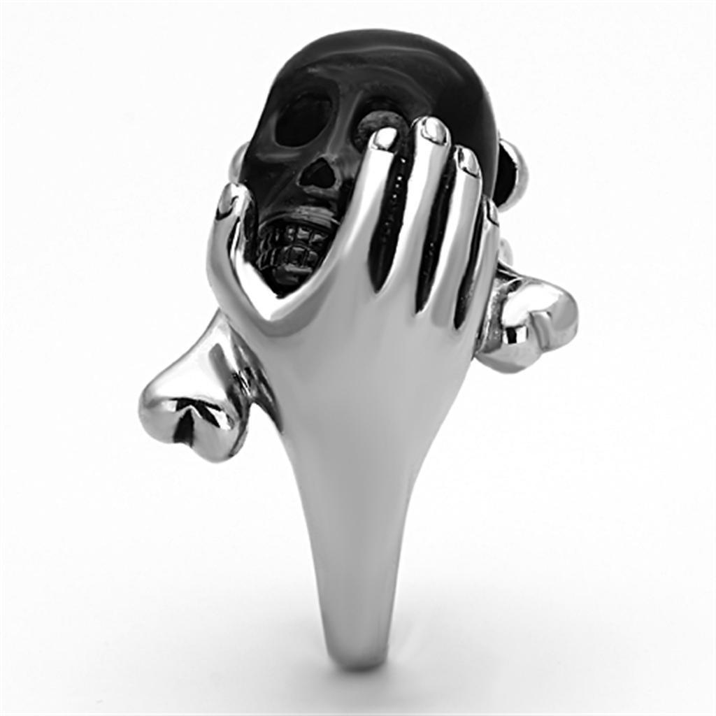 Hand holding black skull ring Stainless Steel Ring with Epoxy  in Jet Angelwarriorfitness.com