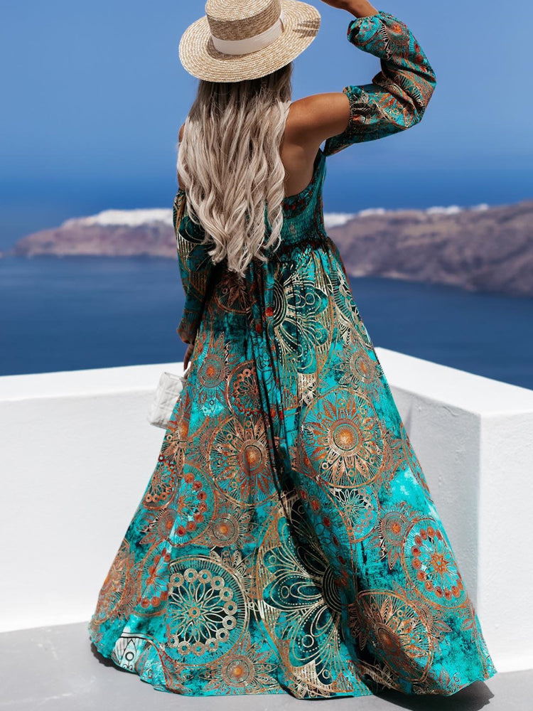 Off Shoulder Print Boho Long Dress Angelwarriorfitness.com