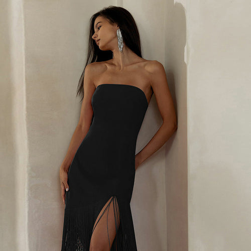 Sexy slim Fringe Tube Top Side Slit Dress Angelwarriorfitness.com