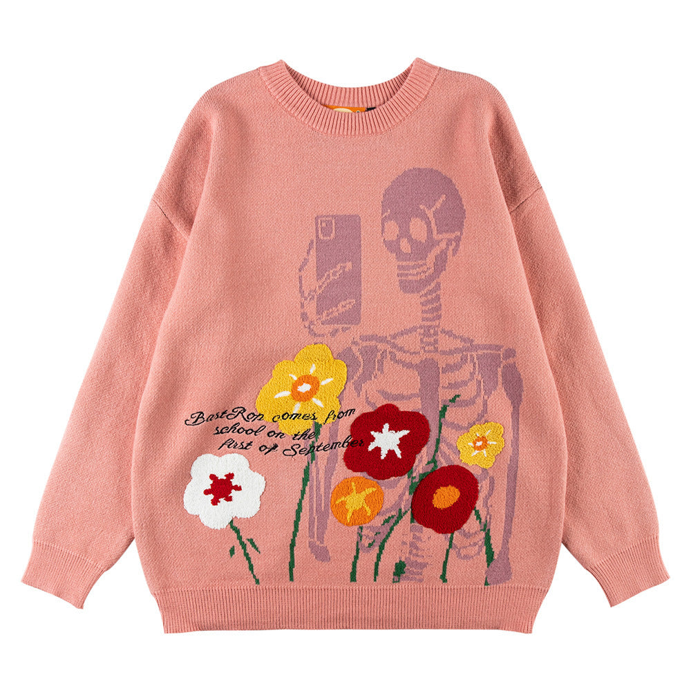 Funny Skull Crew Neck Sweater Embroidery Angelwarriorfitness.com