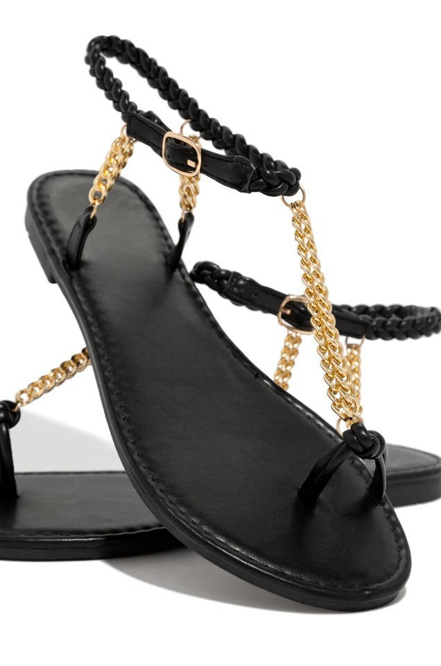 Round Toe Flat Toe Metal Chain Sandals Women's Large Size Beach Sandals Angelwarriorfitness.com