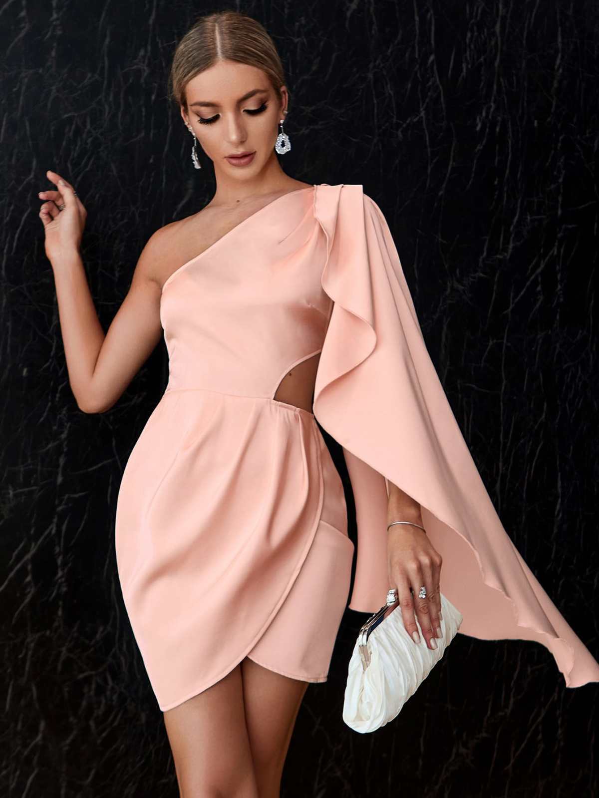 One Shoulder Drape Side Cut Out Satin Dress Angelwarriorfitness.com