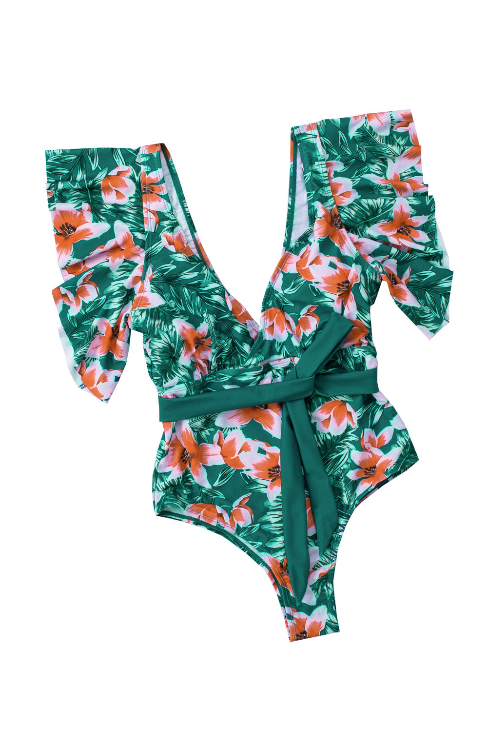 Green Sexy Deep V Neck Floral Print Ruffles One Piece Swimwear Angelwarriorfitness.com