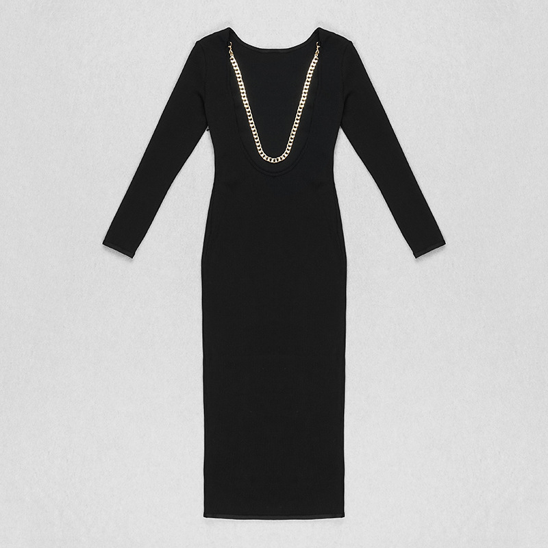 Sexy Round Neck Backless Chain Solid Color Bodycon Dress Angelwarriorfitness.com
