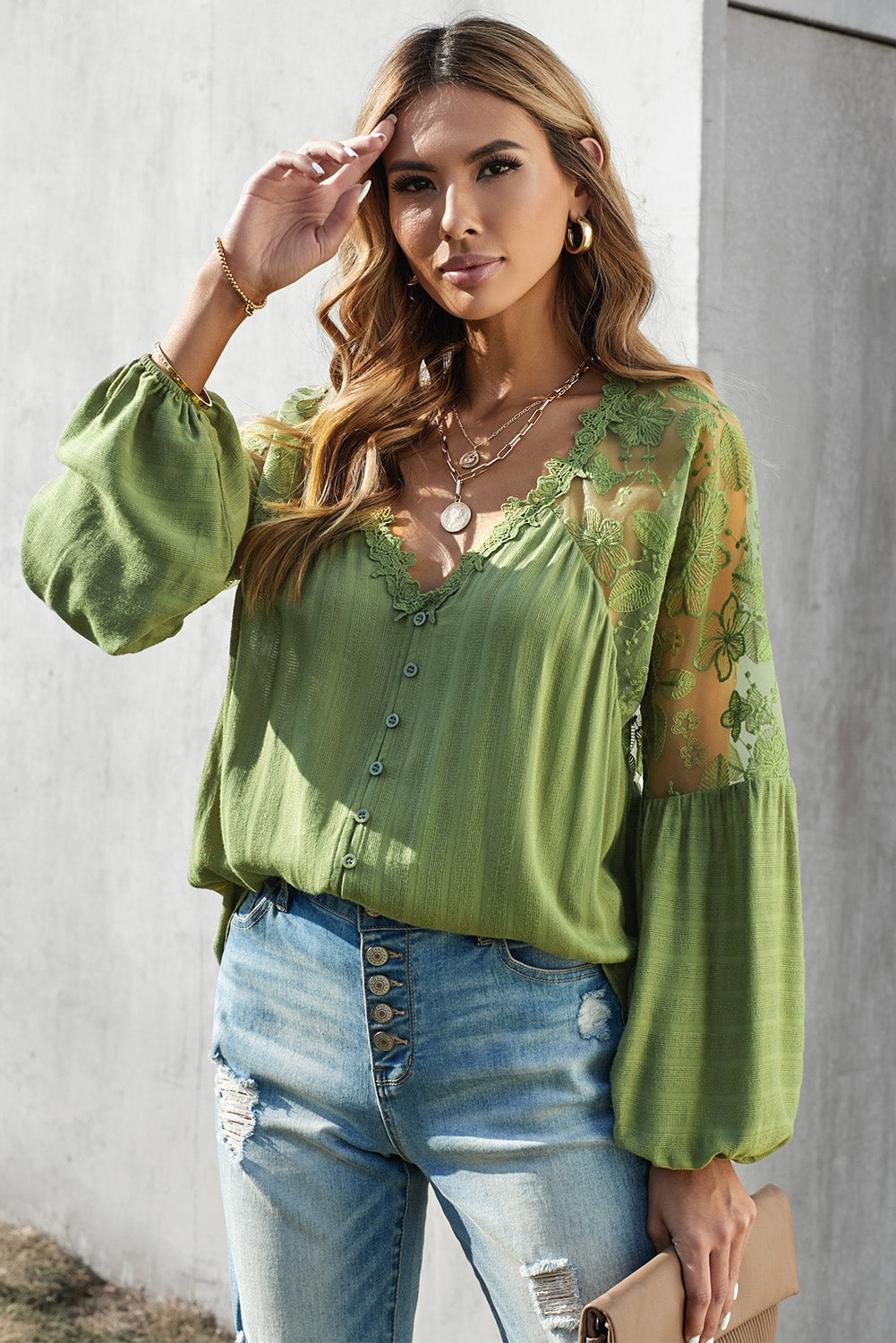 V Neckline Lace Shoulder Patchwork Blouse Angelwarriorfitness.com