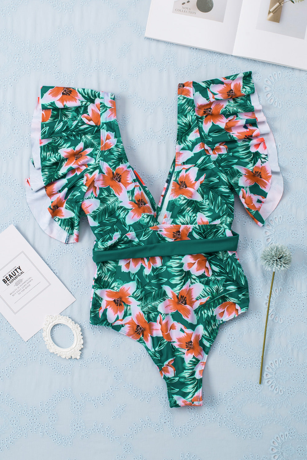 Green Sexy Deep V Neck Floral Print Ruffles One Piece Swimwear Angelwarriorfitness.com