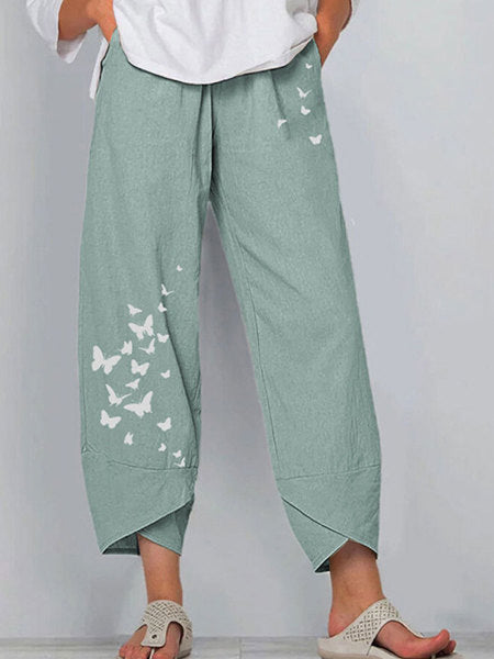 Summer Casual Loose Cotton And Linen Butterfly Printed Wide-leg Pants For Women Angelwarriorfitness.com