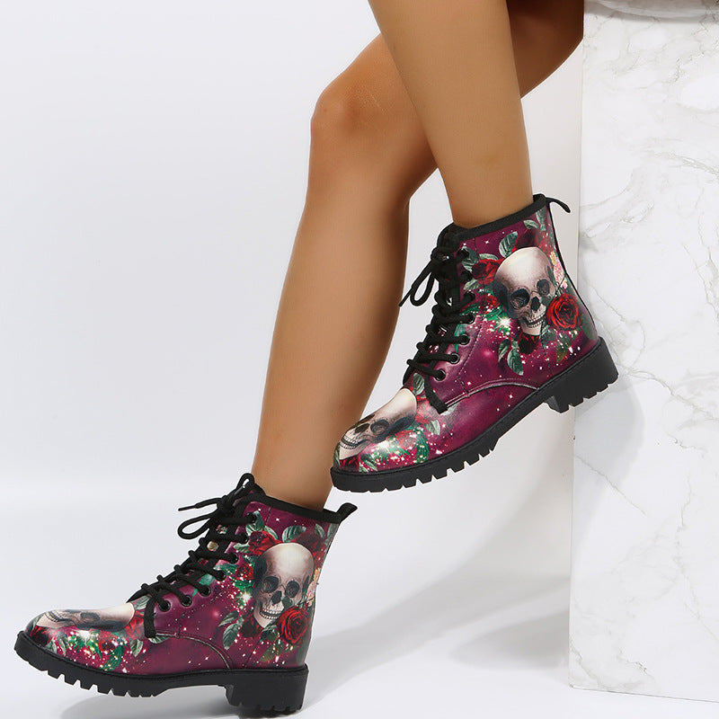 Halloween Shoes Rose Flower Print Lace-up Ankle Boots Women Angelwarriorfitness.com