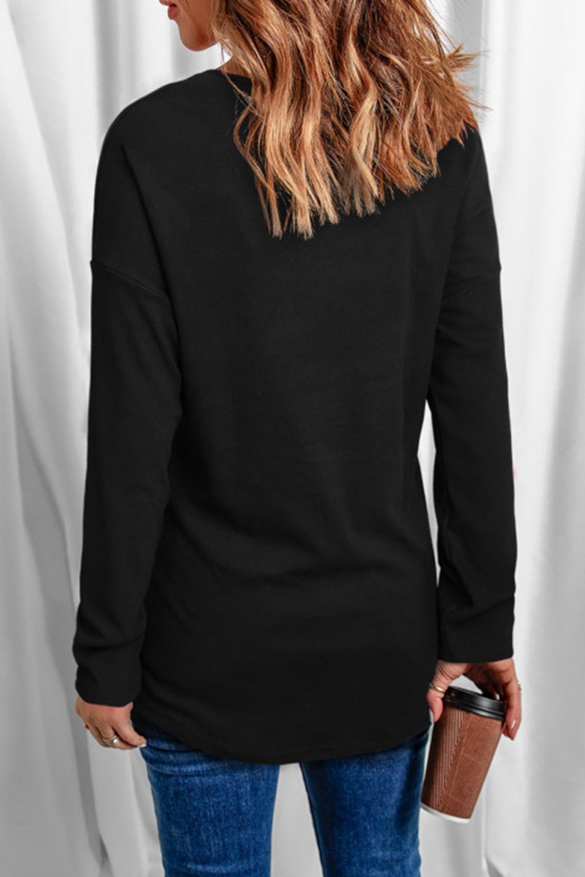 Black Halloween Witch Rhinestones Solid V Neck Shift Casual Long Sleeve Top Angelwarriorfitness.com