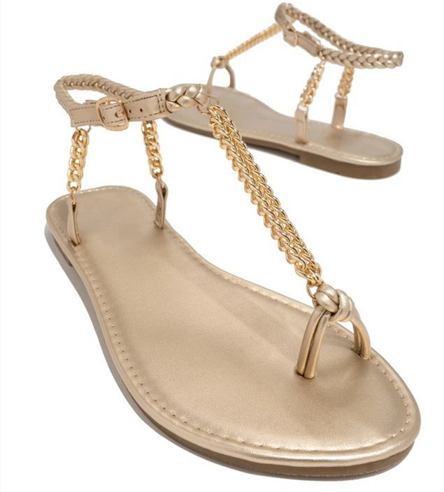 Round Toe Flat Toe Metal Chain Sandals Women's Large Size Beach Sandals Angelwarriorfitness.com