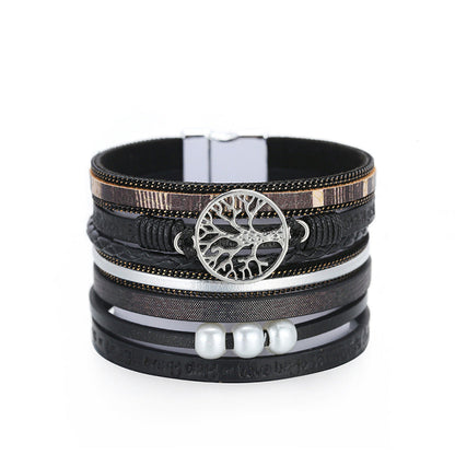 Boho Vegan Leather Tree Multilayer Magnetic Buckle Bracelet Angelwarriorfitness.com