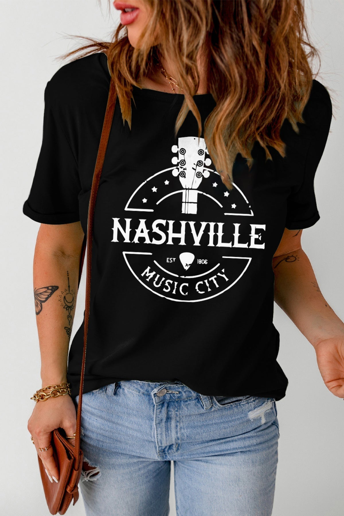 Black NASHVILLE MUSIC CITY Graphic Print Crew Neck T Shirt Angelwarriorfitness.com