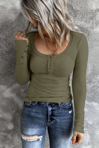 Crewneck Buttons Ribbed Knit Long Sleeve Top Angelwarriorfitness.com