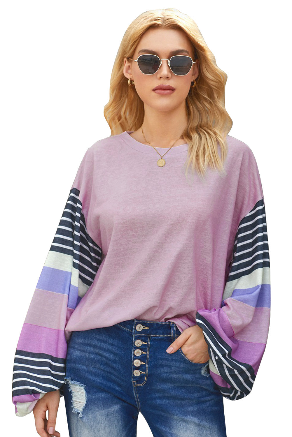 Striped Colorblock Long Sleeve Knit Top Angelwarriorfitness.com