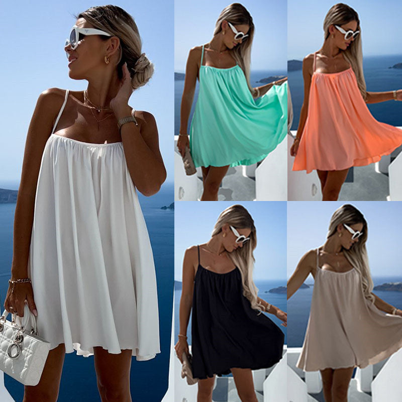 Women's Solid Color Round Neck Sleeveless Loose Strap Dress Angelwarriorfitness.com