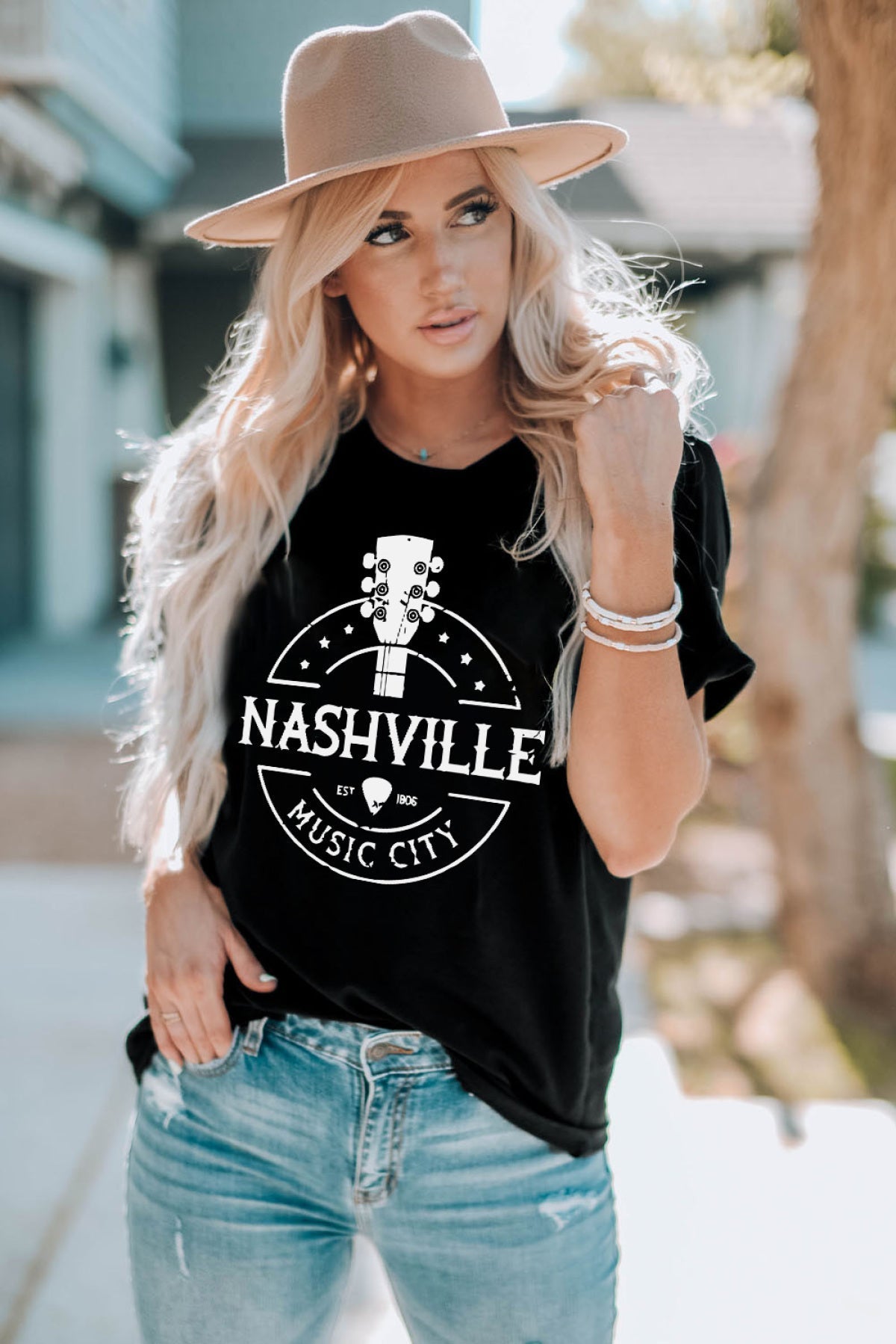 Black NASHVILLE MUSIC CITY Graphic Print Crew Neck T Shirt Angelwarriorfitness.com