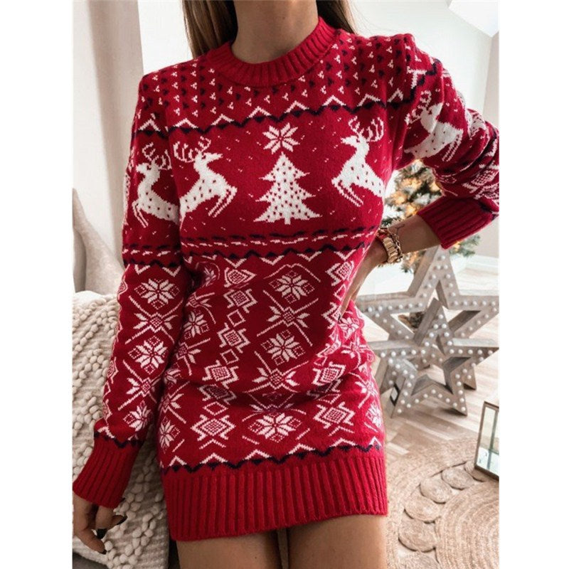 Tight-fitting Sexy Christmas Theme Jacquard Long-sleeved Knitted Dress Angelwarriorfitness.com
