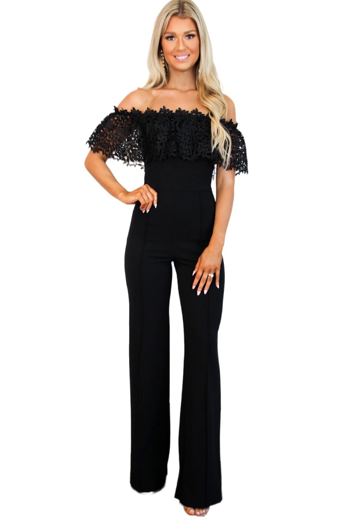 Black Lace Contrast Off Shoulder Straight Leg Jumpsuit Angelwarriorfitness.com