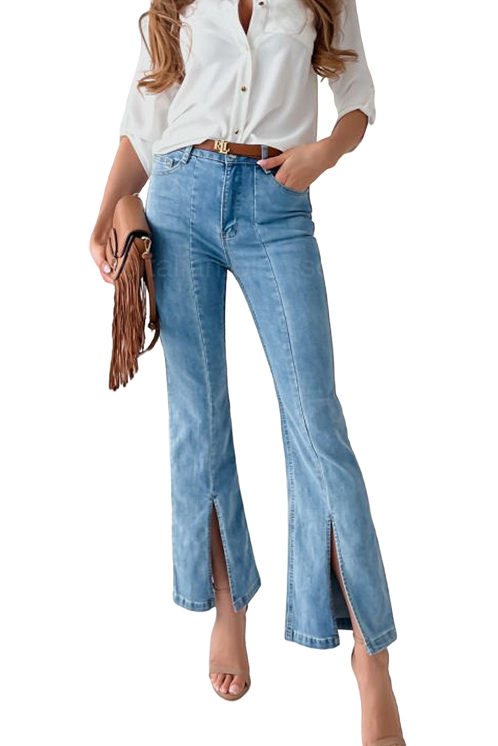 Sky Blue High Waist Seamed Split Flare Jeans Angelwarriorfitness.com