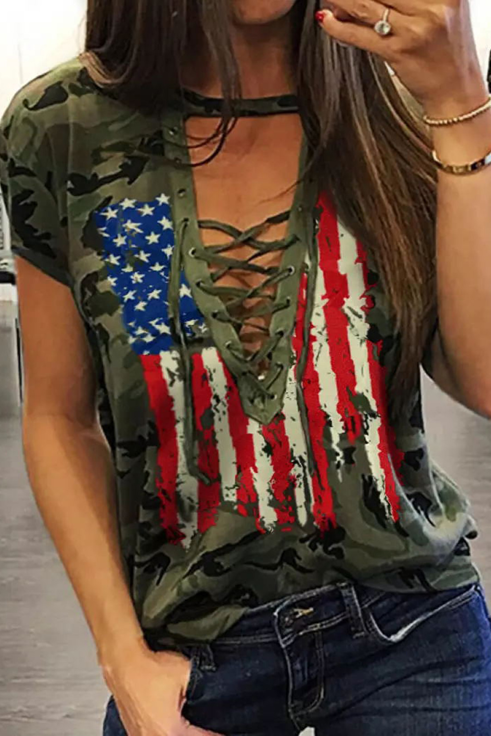 Green Camo American Flag Print Lace Up T-Shirt Angelwarriorfitness.com