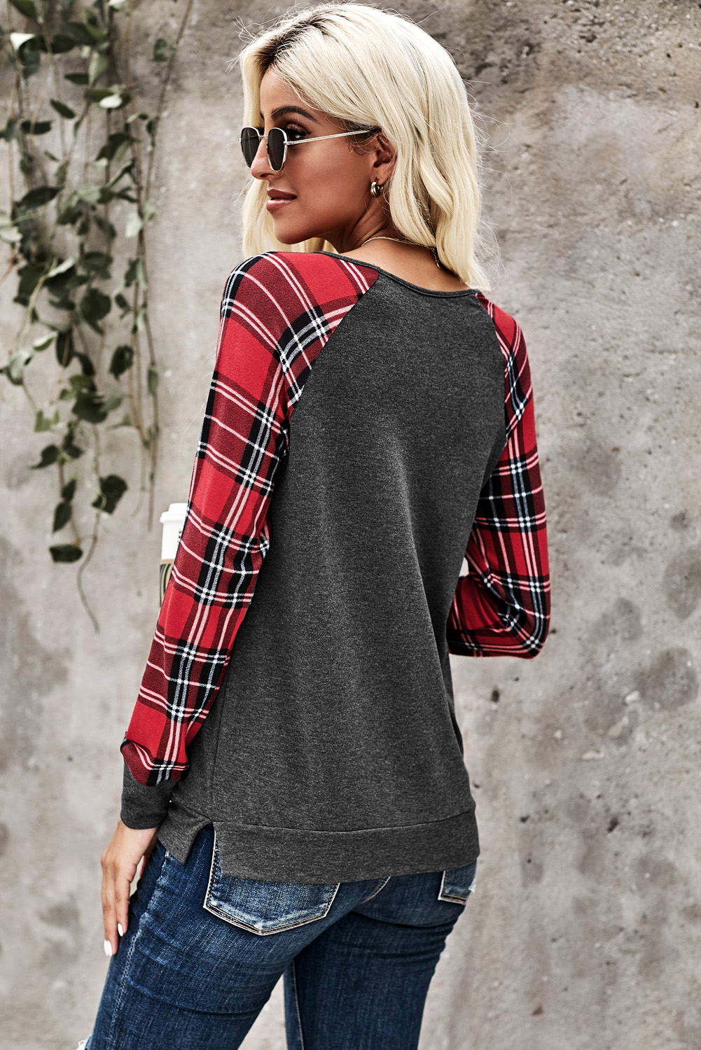 Red Plaid Splicing Sequined Pocket Long Sleeve Top Angelwarriorfitness.com