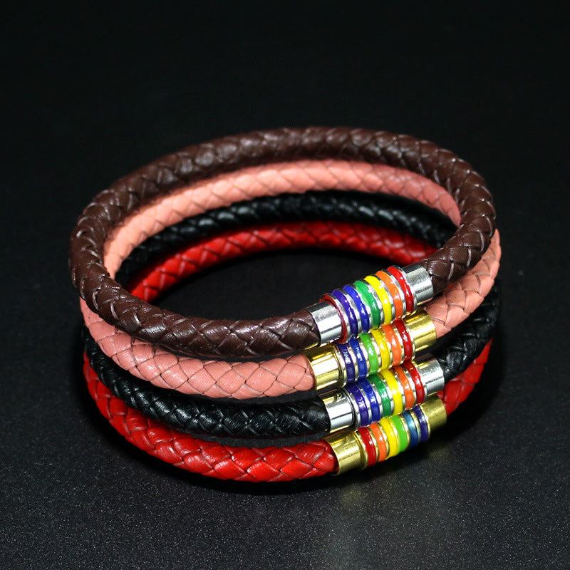 Fashion Gay Pride Rainbow Leather Bracelets For Women Men Black Brown Genuine Leather Bangle Magnetic Clasp LGBT Jewelry Angelwarriorfitness.com