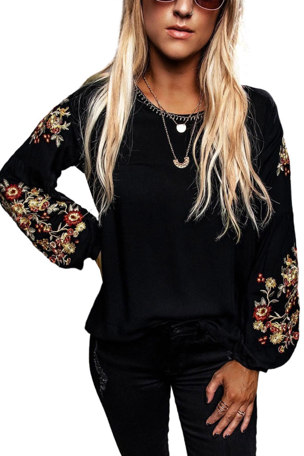 Floral Embroidery Long Sleeve Top Angelwarriorfitness.com