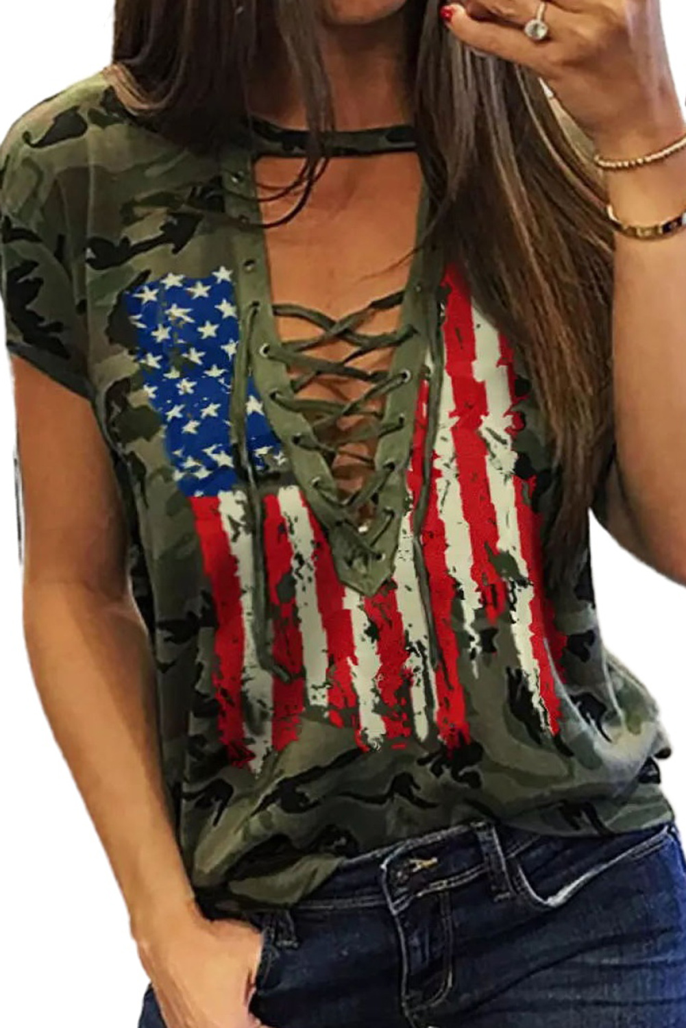 Green Camo American Flag Print Lace Up T-Shirt Angelwarriorfitness.com