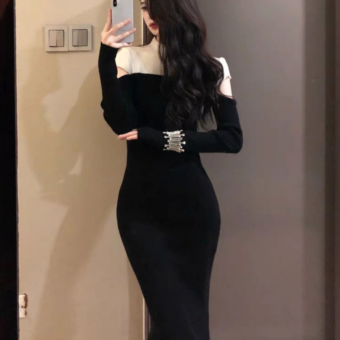 Women's Contrast Color Stitching Strapless Long Sleeve Knitted Dress Angelwarriorfitness.com