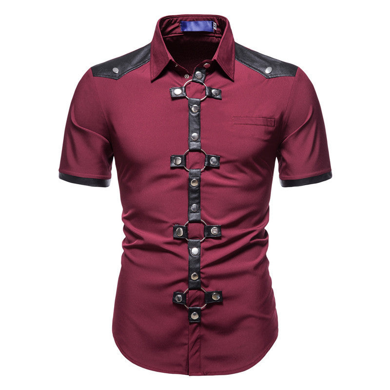 New European And American Men's Gothic Style Rivet Leather Patchwork Short-sleeved Shirt Simple Fashion Costume Angelwarriorfitness.com