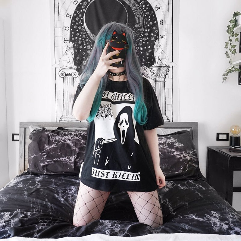 Gothic Dark Punk Loose Black T-shirts Women Angelwarriorfitness.com