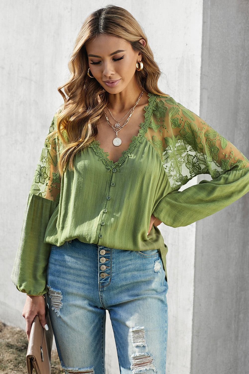 V Neckline Lace Shoulder Patchwork Blouse Angelwarriorfitness.com