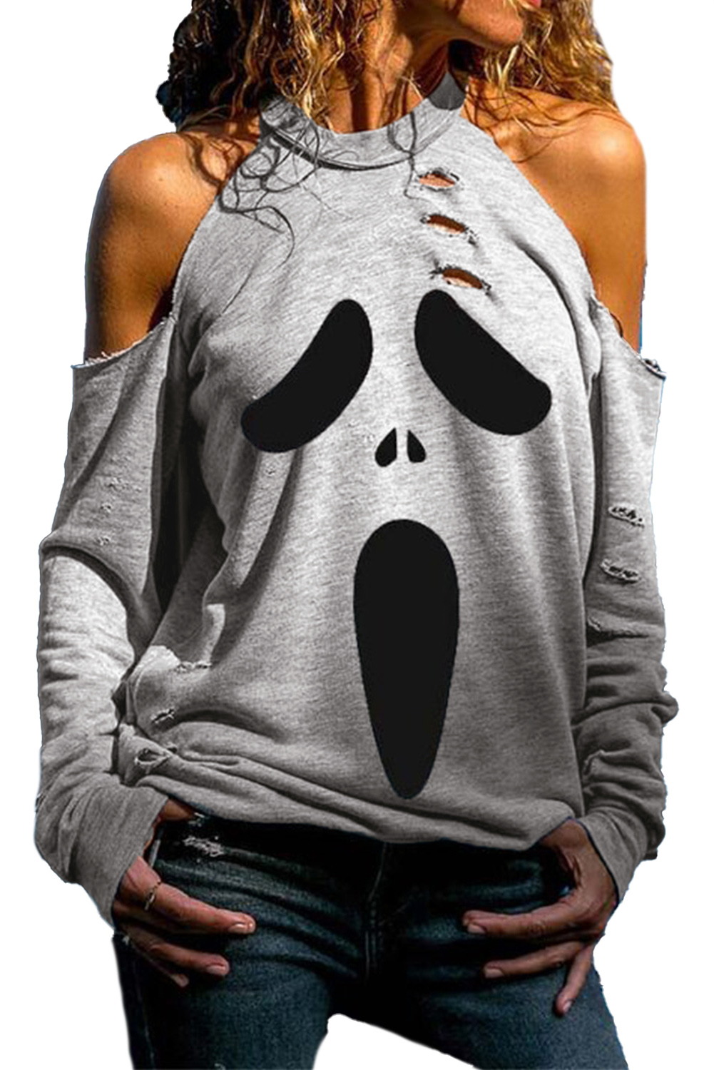 Gray Distressed Halloween Ghost Cold Shoulder Sweatshirt Angelwarriorfitness.com