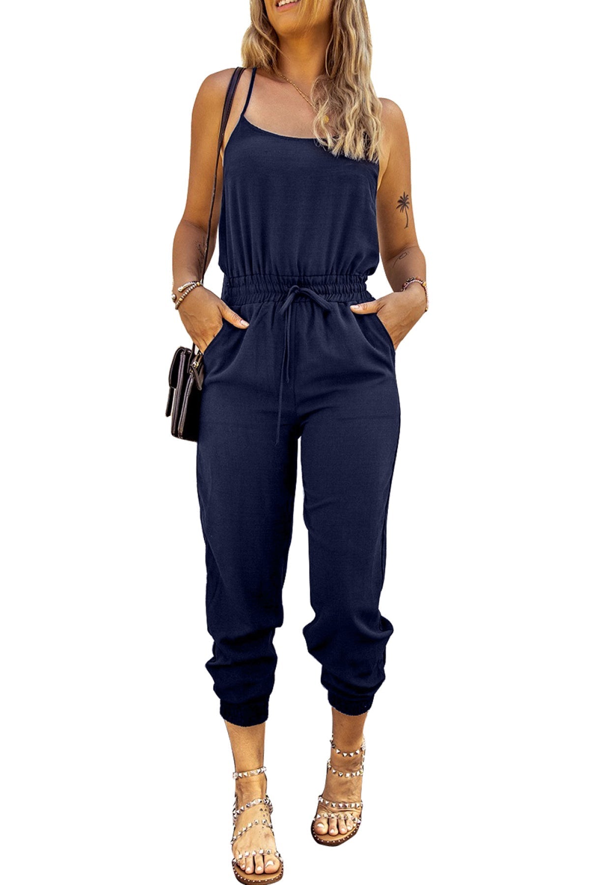 Blue Drawstring Waist Spaghetti Straps Jumpsuit Angelwarriorfitness.com