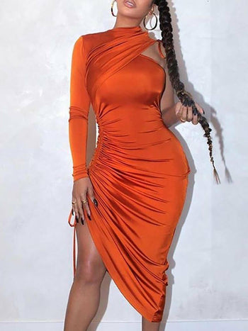 Sexy One Shoulder Drawstring Ruched Bodycon Dress Angelwarriorfitness.com