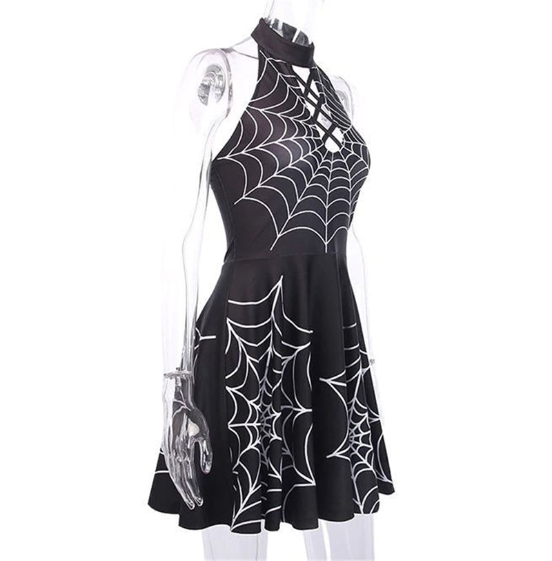 Halter Hollow Cross Spider Web Personalized Print Dress Angelwarriorfitness.com