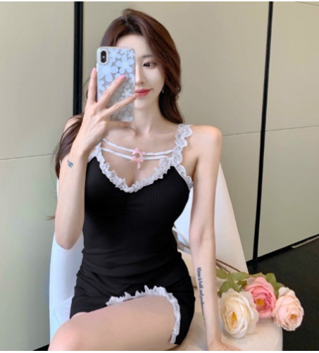 Bow Knot Slit Dress  Lace Short Sleeves Angelwarriorfitness.com