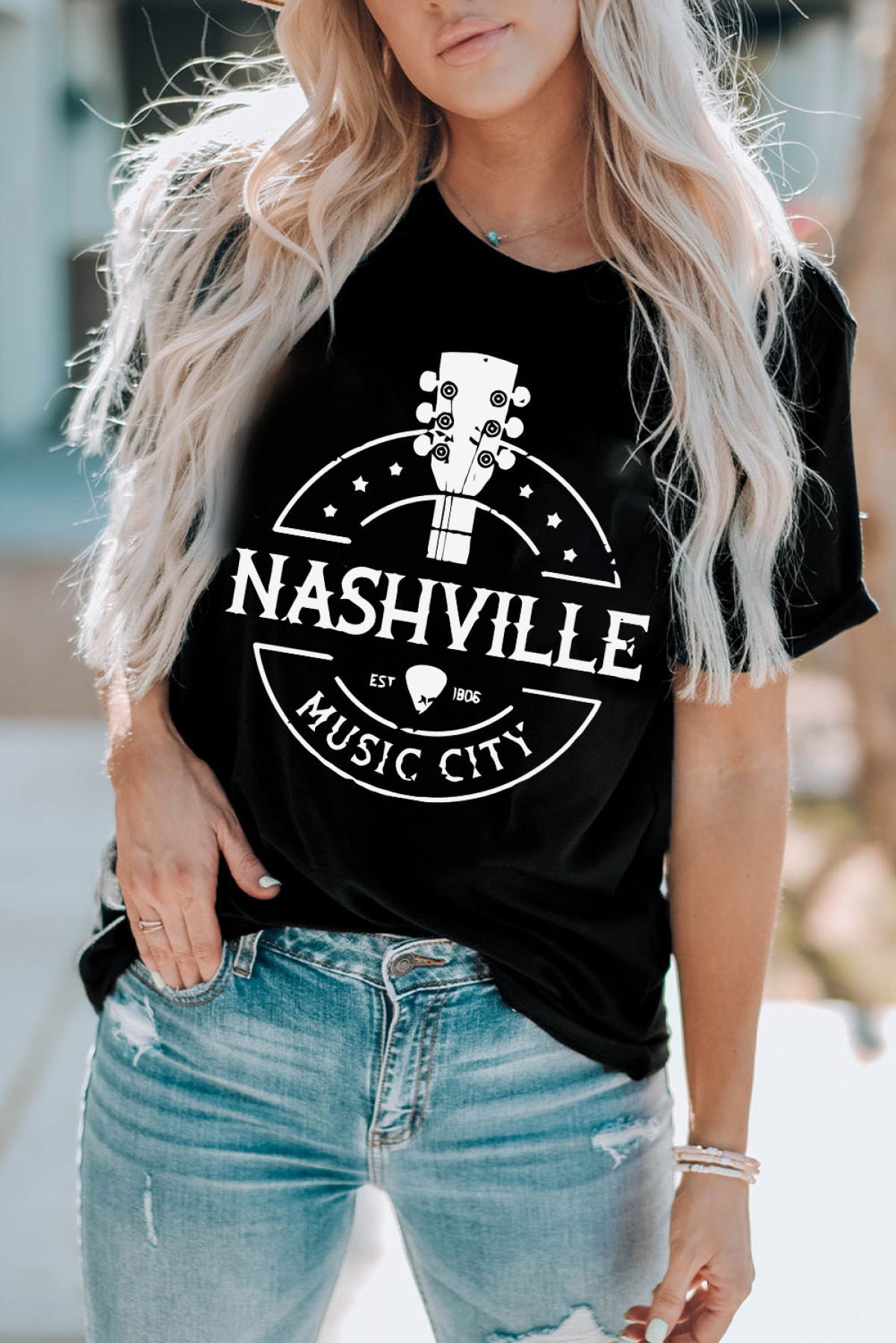 Black NASHVILLE MUSIC CITY Graphic Print Crew Neck T Shirt Angelwarriorfitness.com