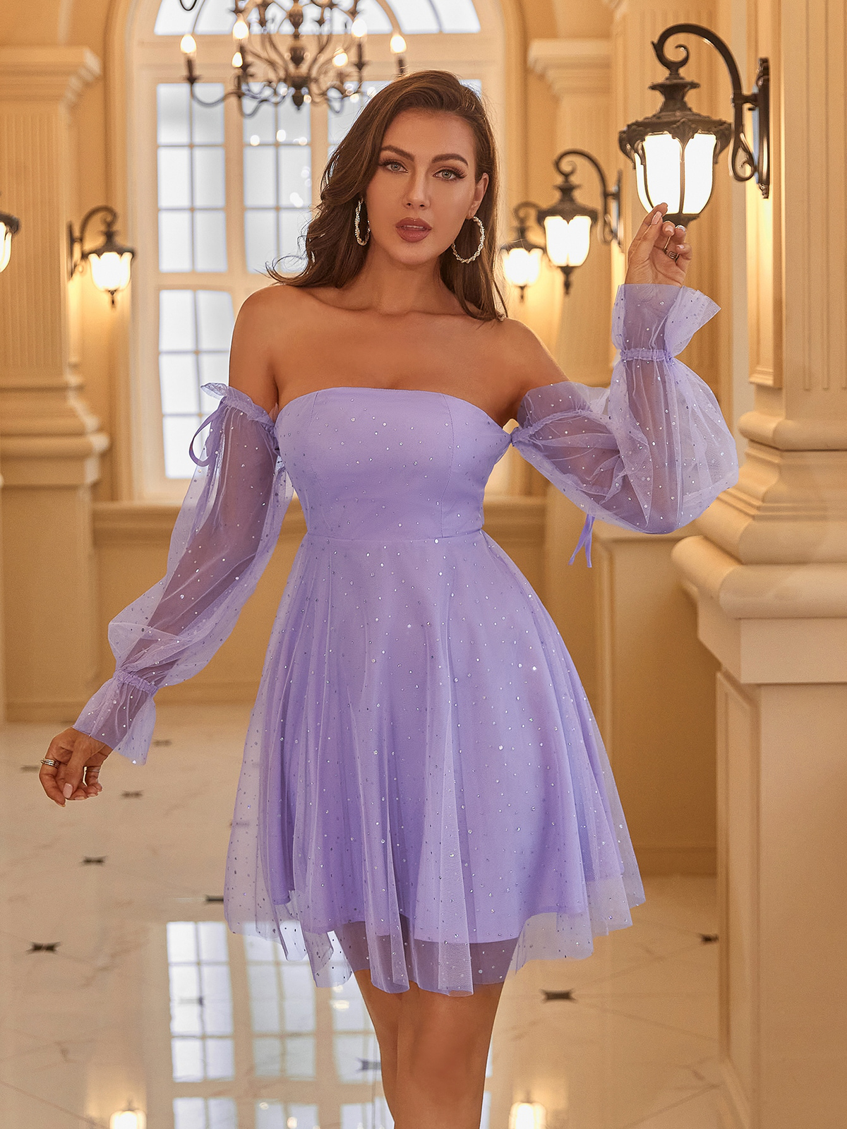 Off-Shoulder Flounce Sleeve Mesh Dress Angelwarriorfitness.com