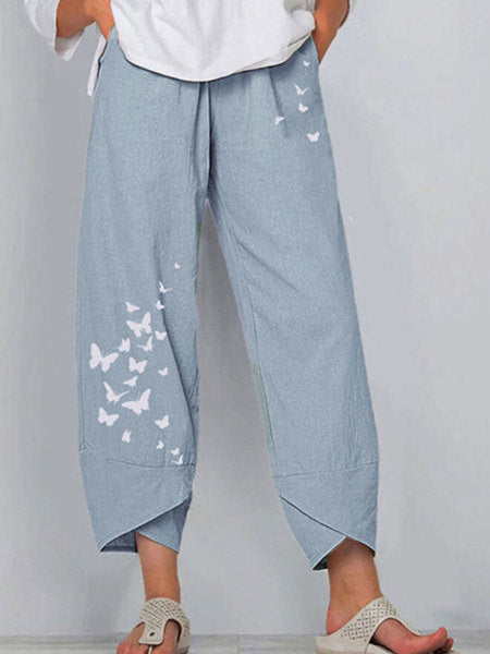 Summer Casual Loose Cotton And Linen Butterfly Printed Wide-leg Pants For Women Angelwarriorfitness.com