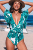 Green Sexy Deep V Neck Floral Print Ruffles One Piece Swimwear Angelwarriorfitness.com