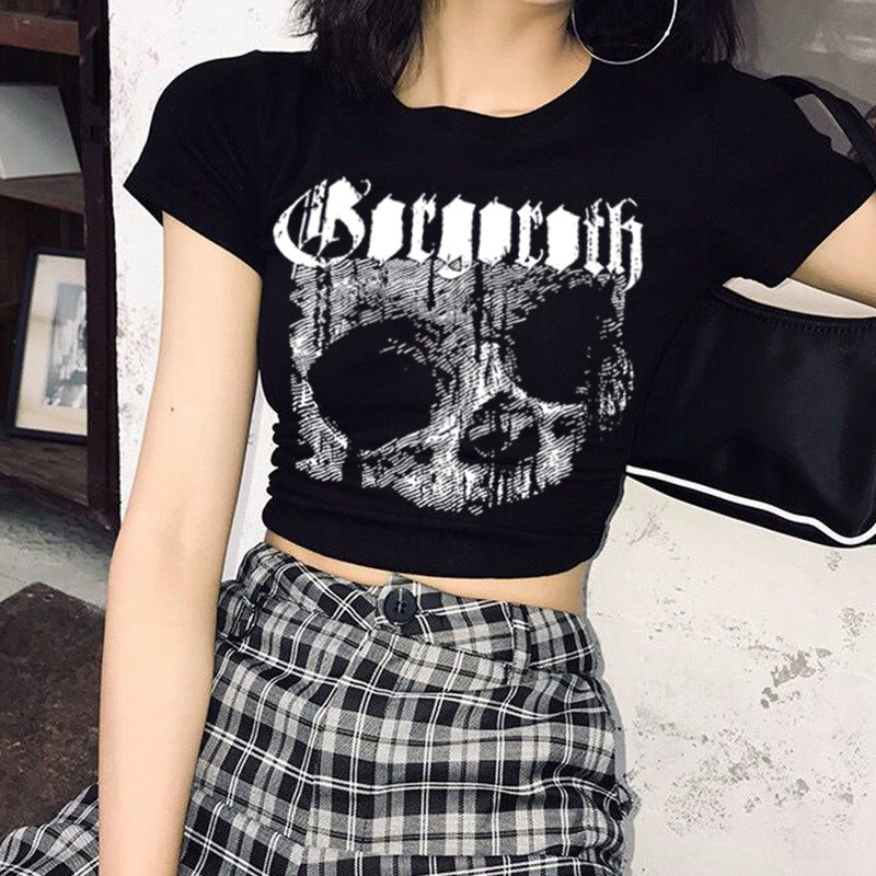 Vintage Short Sleeve T-shirt 90s Gothic Harajuku Print Pattern Croptop Skeleton Skull  Female Top Angelwarriorfitness.com