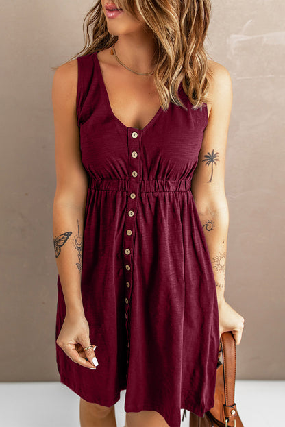 Button Front Empire Waist Sleeveless Slit Dress Angelwarriorfitness.com