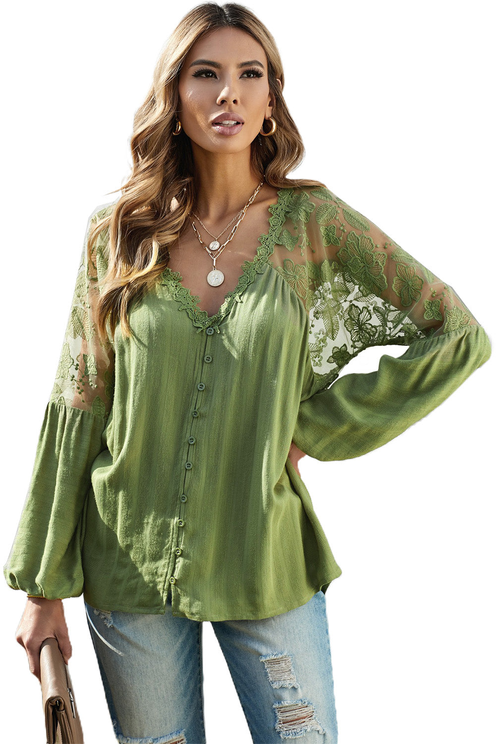 V Neckline Lace Shoulder Patchwork Blouse Angelwarriorfitness.com