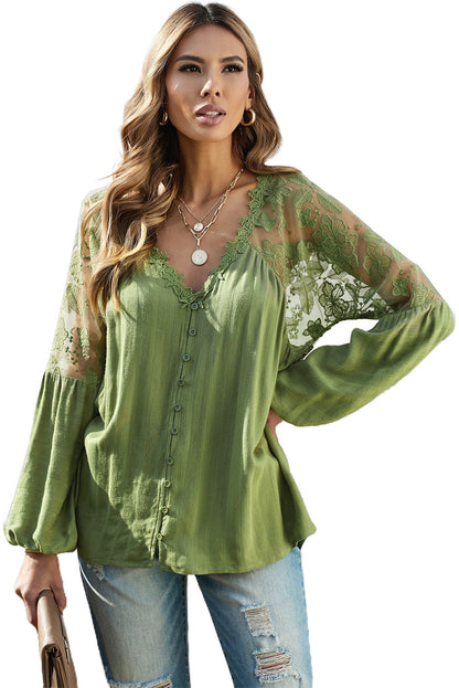 V Neckline Lace Shoulder Patchwork Blouse Angelwarriorfitness.com