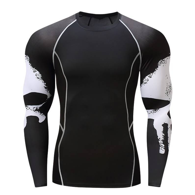 Skull Print Long Sleeve Men's Workout Clothes Stretch Quick Drying Clothes Basketball Riding Running Suit Round Neck Tight T-shirt Angelwarriorfitness.com