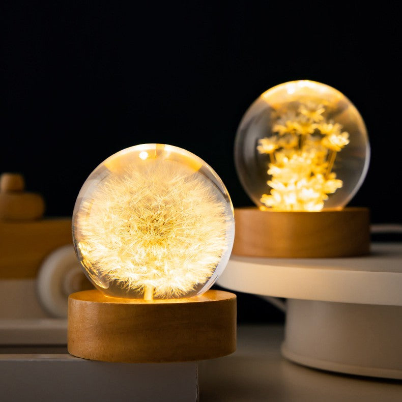 Luminous 3D Dandelion Crystal Ball Beech Wood Stand Base Preserved Flower Sphere Ball Desktop Ornaments Bithday Christmas Gifts Angelwarriorfitness.com